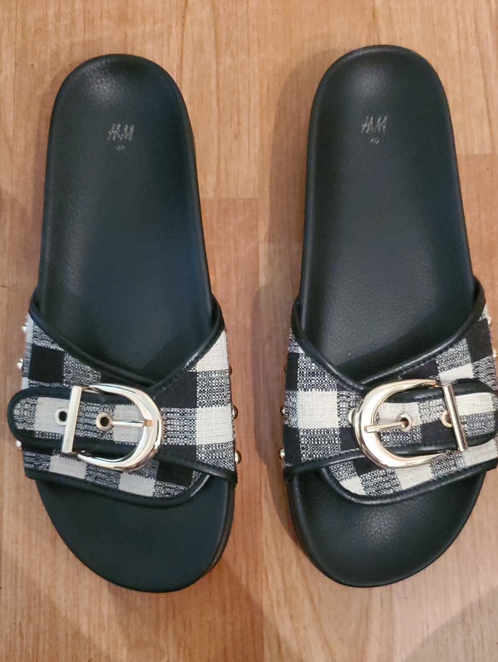 H&M Black & White Plaid Buckle Slide Sandals with Gold Buckles
